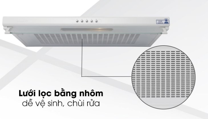 Lưới lọc của máy hút mùi treo tường Malloca H107W làm bằng chất liệu nhôm bền bỉ, sáng đẹp, dễ vệ sinh khi bị bám bẩn