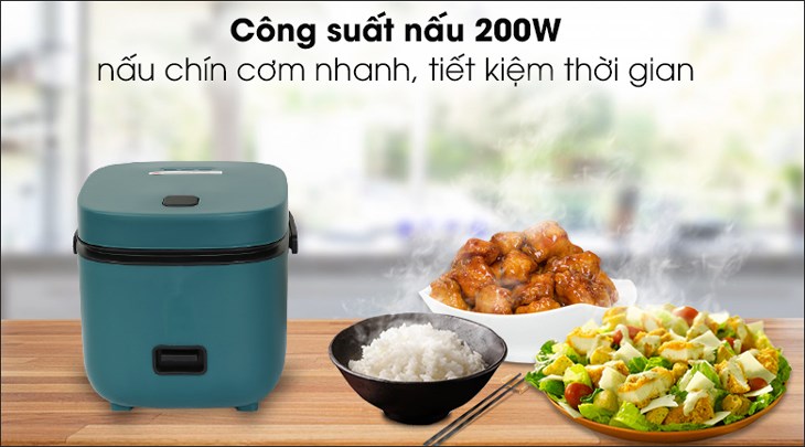 Nồi cơm nắp gài Mishio 0.8 lít MK-265 Xanh hoạt động với công suất 200W giúp nấu chín cơm nhanh, tiết kiệm thời gian