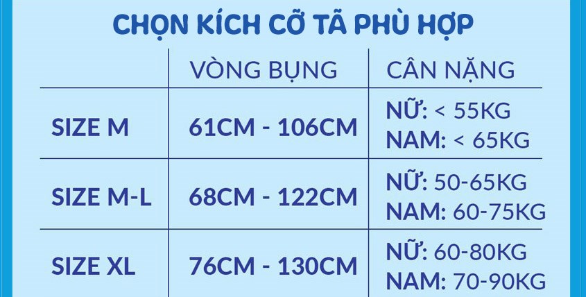 Bảng kích cỡ tã dán Caryn