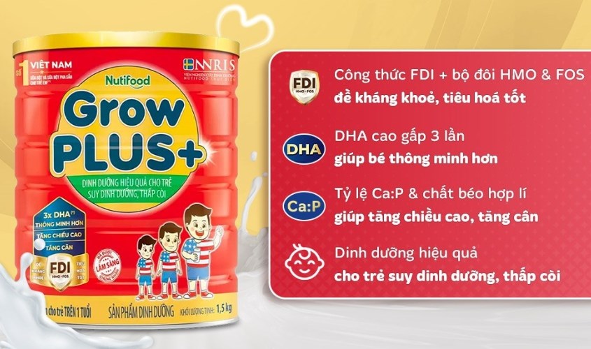 Sữa bột Nutifood GrowPLUS+ 1.5 kg (từ 1 tuổi) dành cho trẻ suy dinh dưỡng, thấp còi