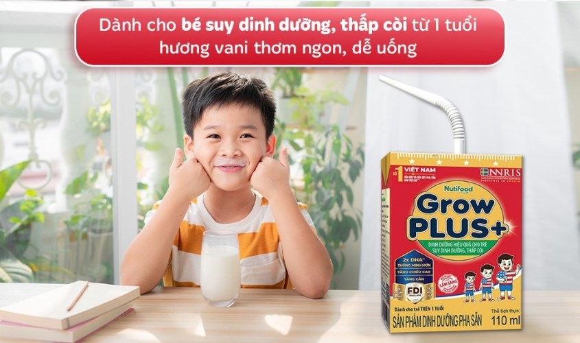 Sữa pha sẵn Nutifood GrowPLUS+ hương vani 110 ml cho trẻ suy dinh dưỡng, thấp còi (từ 1 tuổi)