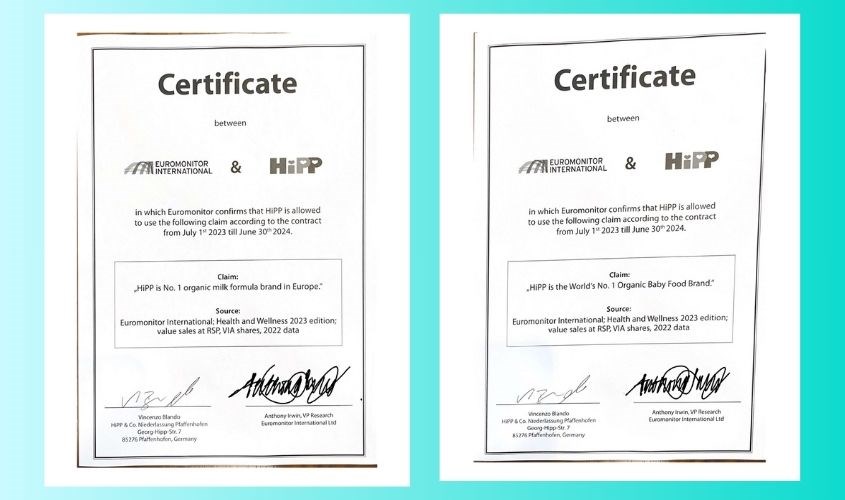 Giấy chứng nhận Thực phẩm hữu cơ của sữa Hipp