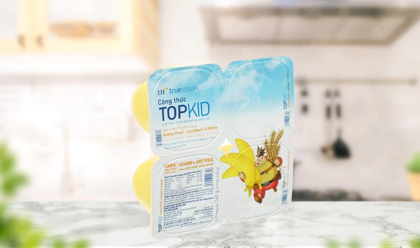 Lốc 4 hộp sữa chua thanh trùng TH true YOGURT TopKid vị chuối lúa mạch 60g 