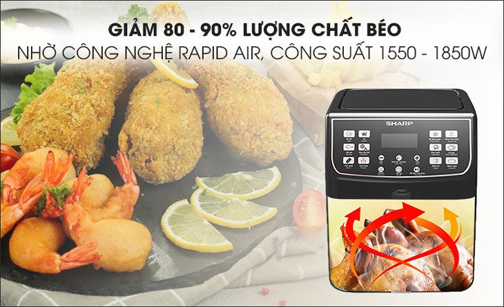Nồi chiên không dầu Sharp KF-AF55EV-BK 5.5 lít có công suất 1550 - 1850W cùng công nghệ Rapid Air chiên nướng ngon không cần dùng dầu ăn