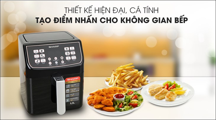 Nồi chiên không dầu Sharp KF-AF55EV-BK 5.5 lít có thiết kế dạng hình hộp chữ nhật bo tròn góc hiện đại