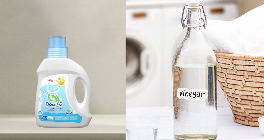 Kết hợp nước giặt xả cho bé Docilee Xanh hương Little Melon chai 1 lít với giấm trắng để tăng khả năng làm sạch tã vải bẩn