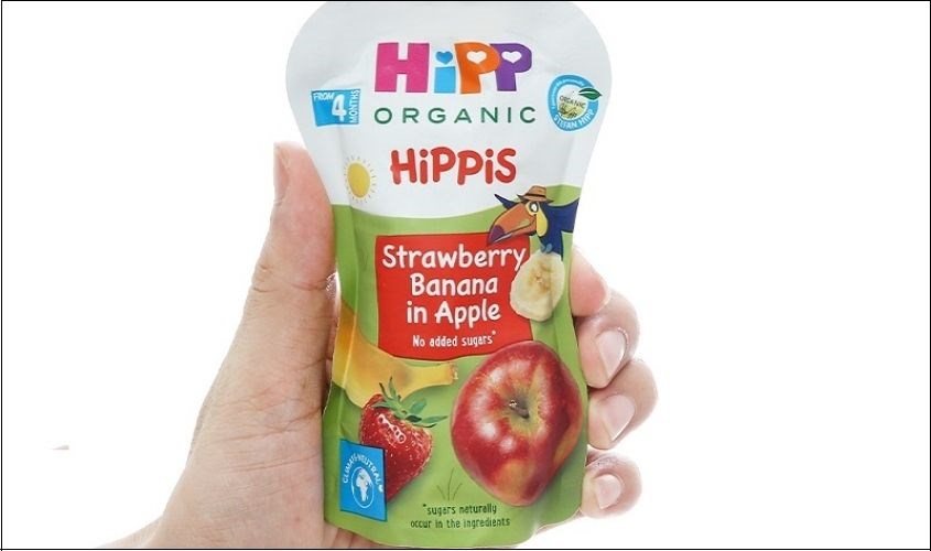 Dinh dưỡng trái cây nghiền HiPPiS dâu tây, chuối và táo túi 100g (từ 4 tháng)