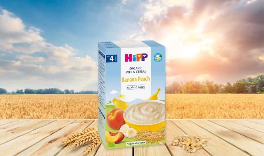 Bột ăn dặm HiPP sữa, ngũ cốc, chuối và đào hữu cơ hộp 250g (từ 4 tháng)