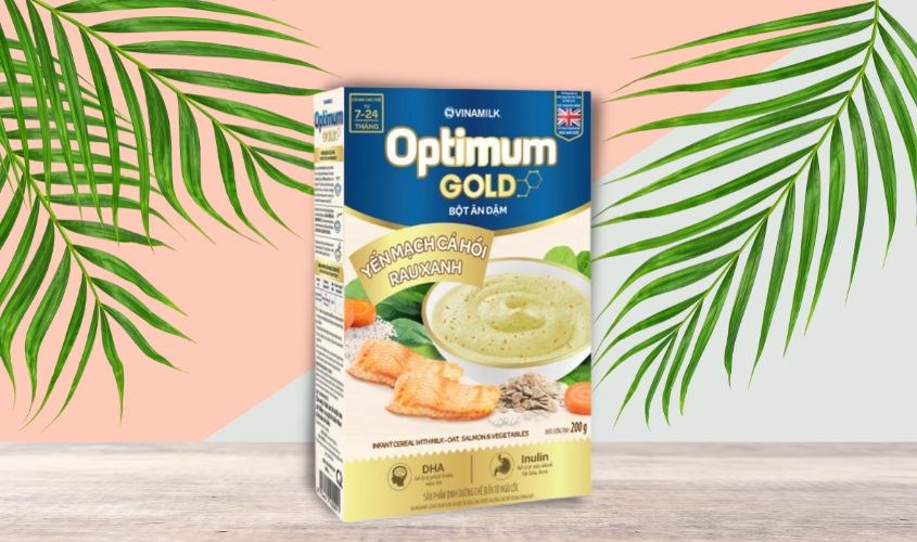 Bột ăn dặm Optimum Gold yến mạch, cá hồi và rau xanh hộp 200g (7 - 24 tháng)