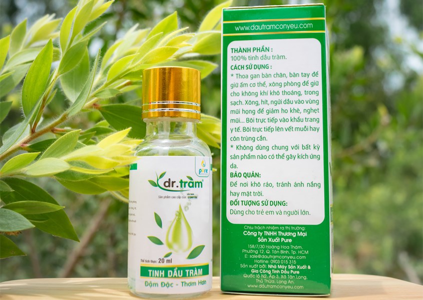 Tinh dầu tràm Dr Tràm 20 ml thông tin được ghi rõ ràng trên hộp 