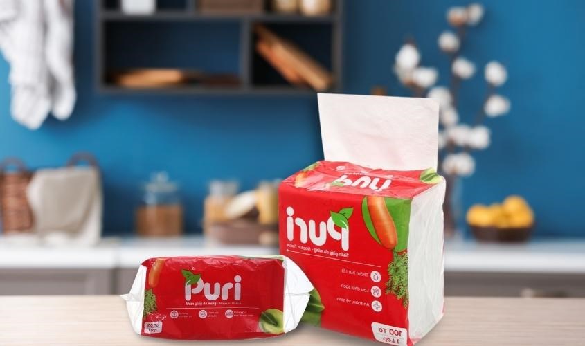 Gói 100 tờ khăn giấy ăn Puri không mùi 1 lớp