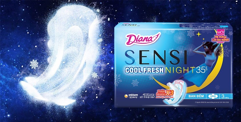 Băng vệ sinh ban đêm Diana Sensi Cool Fresh siêu mát có cánh 3 miếng