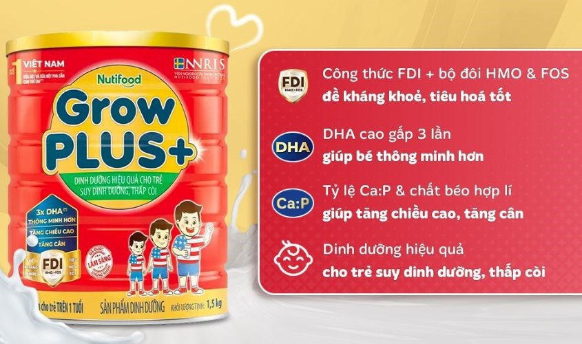 Sữa bột Nutifood GrowPLUS+ hương vani 1.5 kg (từ 1 tuổi) dành cho trẻ suy dinh dưỡng, thấp còi