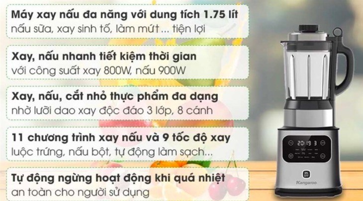 Máy xay nấu đa năng Kangaroo KG175HB1 với mức giá 3.251.000 đồng (cập nhật vào tháng 05/2023, có thể thay đổi theo thời gian) có bảng điều khiển cảm ứng và các chức năng hiện đại