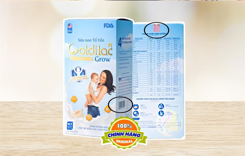 Cách phân biệt hàng sữa non tổ yến Goldilac Grow tổ yến thật giả