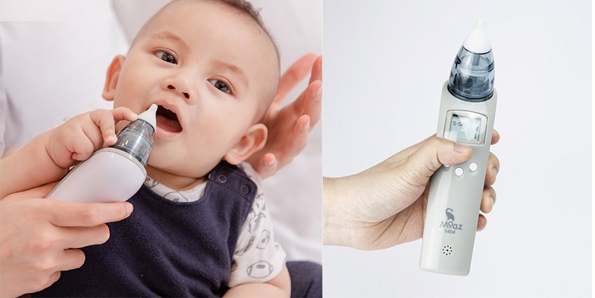 Nhấn nút khởi động sau khi lắp pin vào máy hút mũi Moaz Bebe