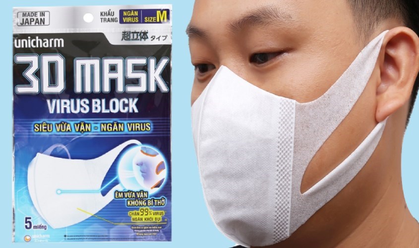 Túi 5 cái khẩu trang Unicharm 3D Mask ngăn virus 3 lớp thiết kế 3D ôm vừa vặn khuôn mặt mang lại cảm giác thoải mái
