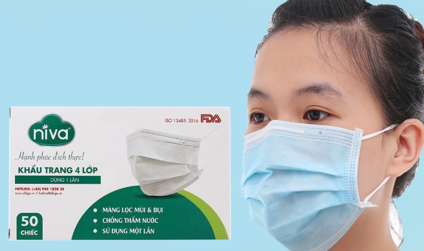Hộp 50 cái khẩu trang kháng khuẩn Niva 4 lớp thoáng khí, không gây kích ứng da