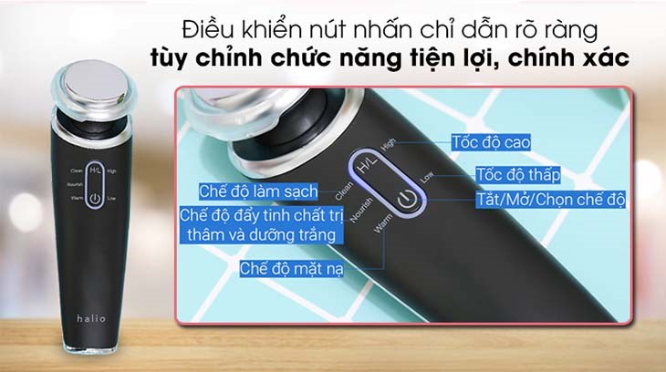 Máy massage mặt làm sạch và đẩy tinh chất Halio Ion Cleansing & Moisturizing Black điều khiển nút nhấn với chỉ dẫn rõ ràng