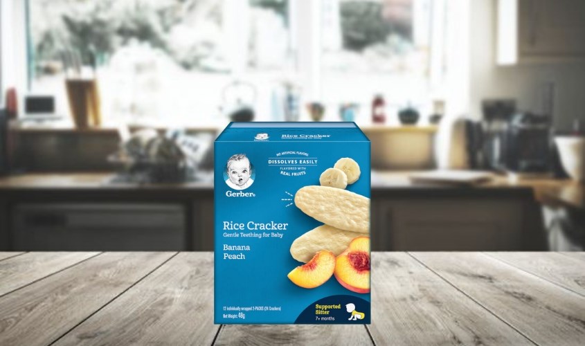 Bánh gạo Gerber Teethers vị chuối, đào hộp 48g (từ 7 tháng)