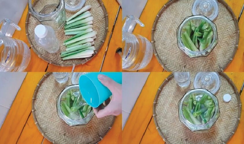 Cắt sả thành từng đoạn nhỏ, xếp sả vào hũ thủy tinh, đổ rượu và nước vào theo tỷ lệ 1:1, đổ ngập sả bên trong