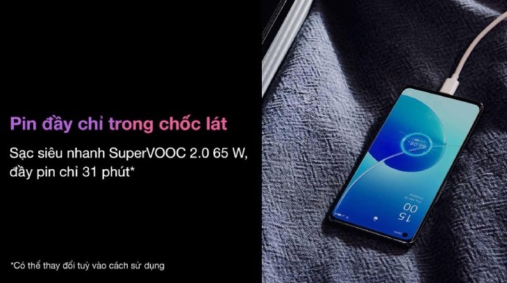 Điện thoại OPPO Reno6 Pro 5G hỗ trợ sạc nhanh lên đến 65W