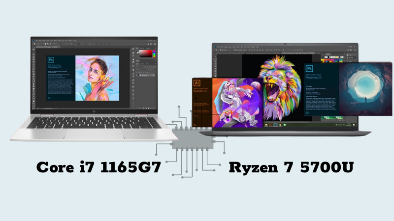 Laptop HP với chip i7 1165G7 và Laptop Dell với chip R7 5700U