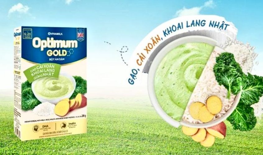 Bột ăn dặm Optimum Gold gạo, cải xoăn và khoai lang hộp 200g vị ngọt cho bé mới tập ăn dặm Bột ăn dặm Optimum Gold gạo, cải xoăn và khoai lang hộp 200g vị ngọt cho bé mới tập ăn dặm