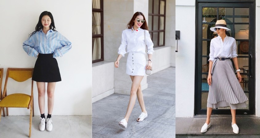 Phối giày trắng cùng áo sơ mi và chân váy