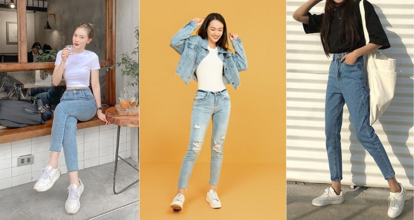 Phối giày trắng cùng áo thun và quần skinny jean