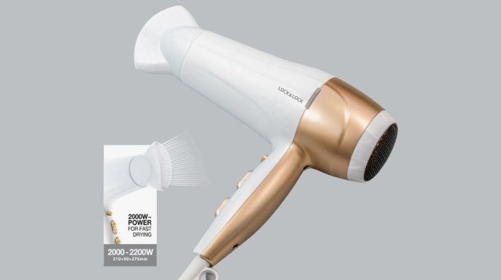 Máy sấy tóc 2000-2200W Lock&Lock ENA136WHT có công suất lên đến 2200W giúp sấy tóc khô nhanh