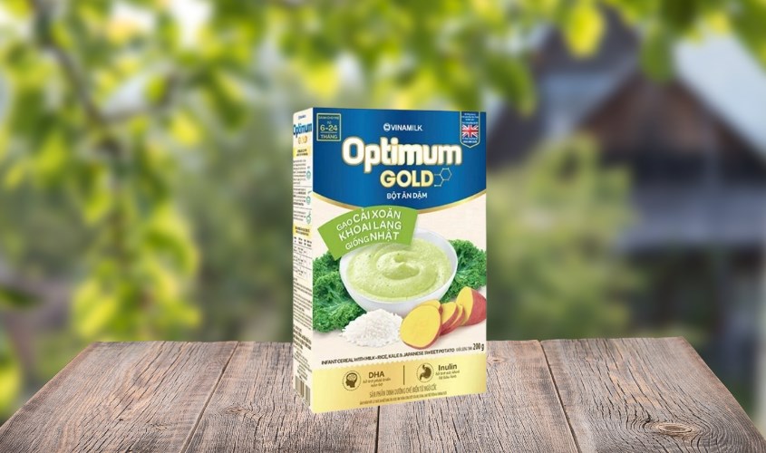 Bột ăn dặm Optimum Gold gạo, cải xoăn và khoai lang hộp 200g (6 - 24 tháng)