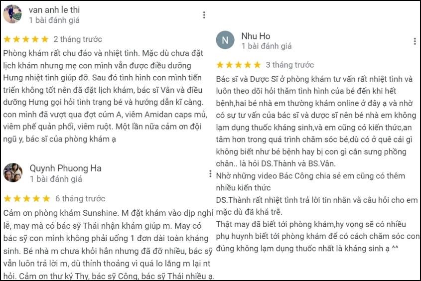 Phòng khám nhi Sunshine nhận được nhiều đánh giá tích cực