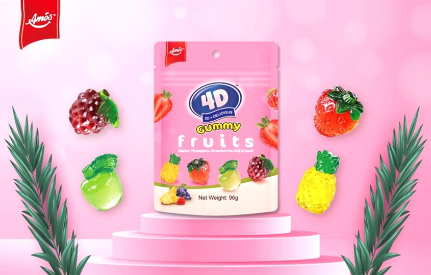 Kẹo dẻo Amos Fruits 4D hương trái cây gói 72g