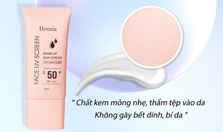 Kem chống nắng Hemia thẩm thấu nhanh vào da, không gây bết dính