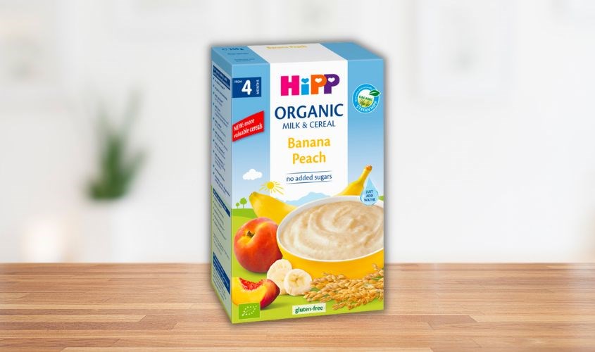 Bột ăn dặm HiPP sữa, ngũ cốc, chuối và đào hữu cơ hộp 250g (từ 4 tháng)