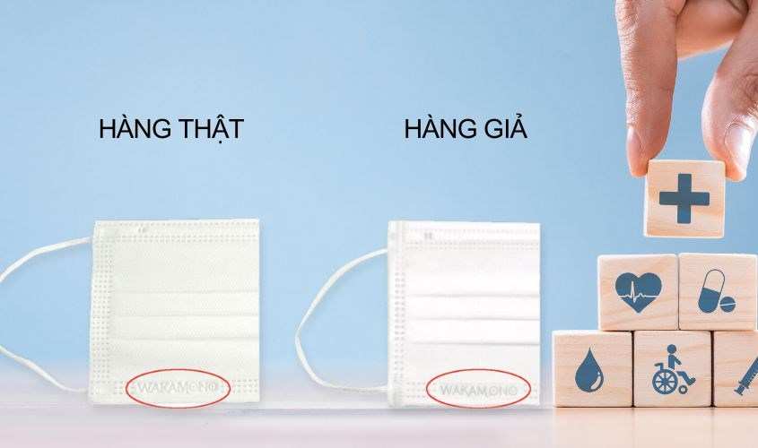 Logo trên khẩu trang Wakamono thật được dập nổi sắc nét