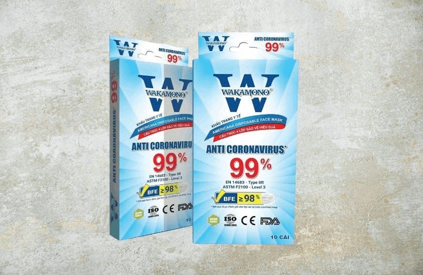 Khẩu trang Wakamono được đóng gói trong hộp chữ nhật gồm 10 chiếc