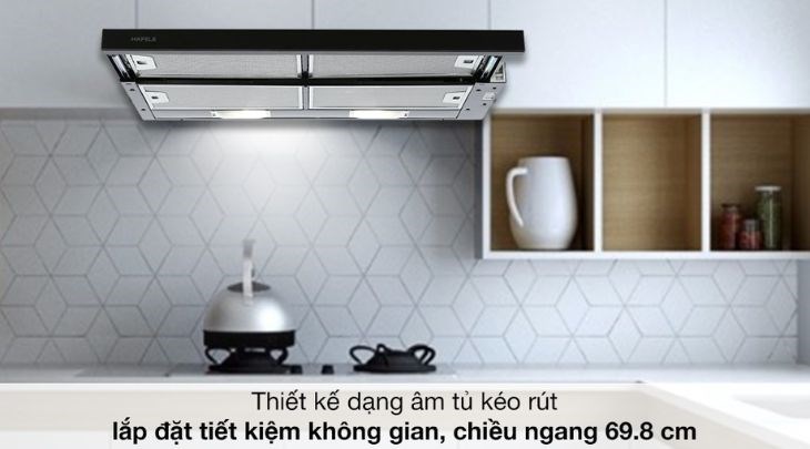 Máy hút mùi âm tủ Hafele HH-SG70A (533.89.021) thiết kế dạng âm tủ có thể kéo ra hoặc kéo vào tùy chỉnh phù hợp với lượng mùi cần hút