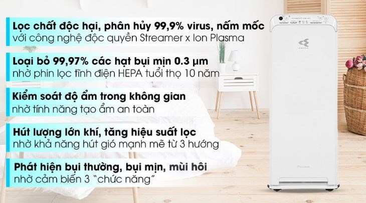 Máy lọc không khí Daikin MCK55TVM6 58W cho khả năng lọc khí tối ưu nhờ công nghệ độc quyền bảo vệ kép Streamer và Ion Plasma