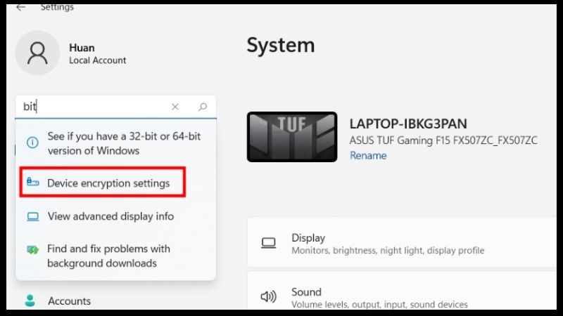 Gõ từ khóa “Bit” chọn vào dòng Device encryption setting