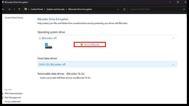 Chọn Turn on BitLocker