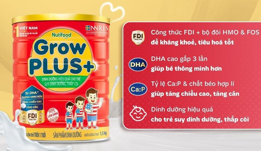 Sữa bột Nutifood GrowPLUS+ hương vani 1.5 kg (từ 1 tuổi) dành cho trẻ suy dinh dưỡng, thấp còi