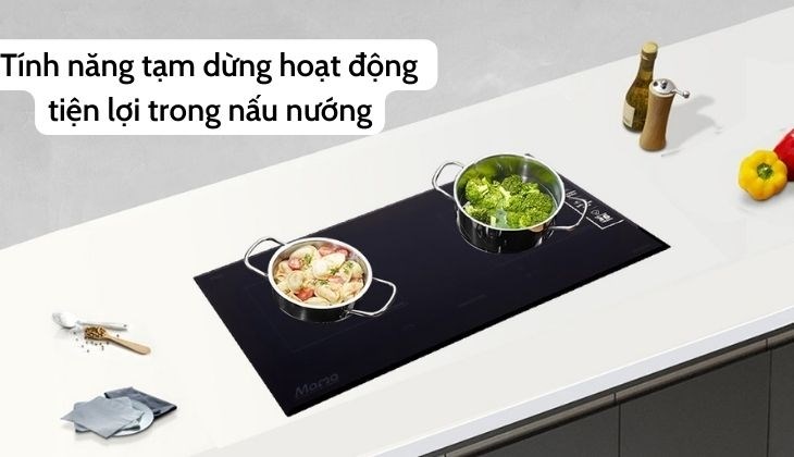 Bếp từ đôi lắp âm Sunhouse MMB9988 với tính năng tạm dừng hoạt động giúp bạn không phải tắt đi, khởi động lại nếu gặp tình huống phát sinh
