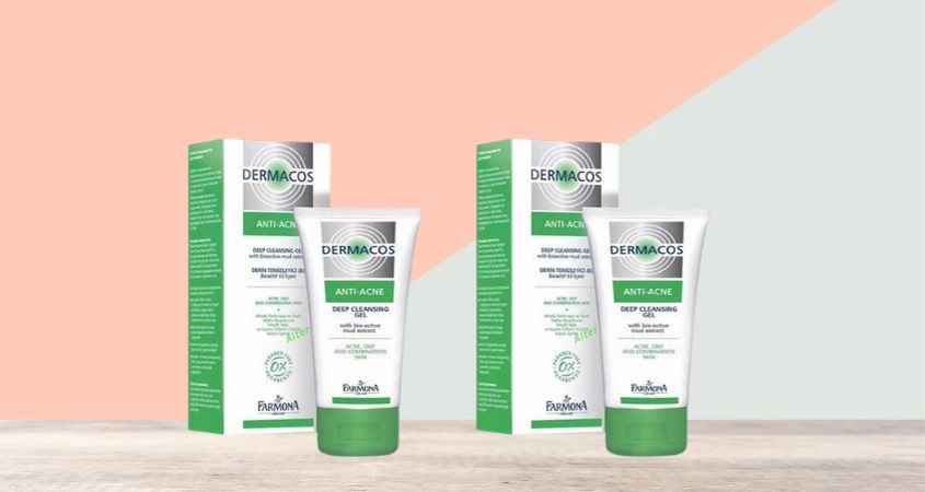 Thiết kế của sữa rửa mặt Dermacos có hai màu chủ đạo là màu trắng và xanh lá cây