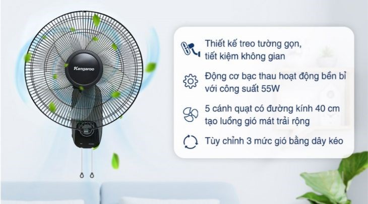 Quạt treo Kangaroo KG723 có công suất hoạt động 55W với 5 cánh quạt, hỗ trợ làm mát nhanh chóng không gian nhà bạn Quạt treo Kangaroo KG723 có công suất hoạt động 55W với 5 cánh quạt, hỗ trợ làm mát nhanh chóng không gian nhà bạn