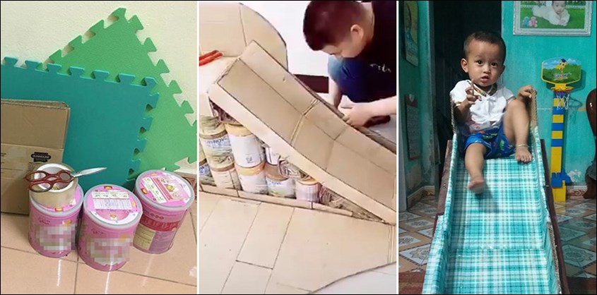 cách làm đồ chơi từ vỏ hộp sữa bột thành cầu trượt