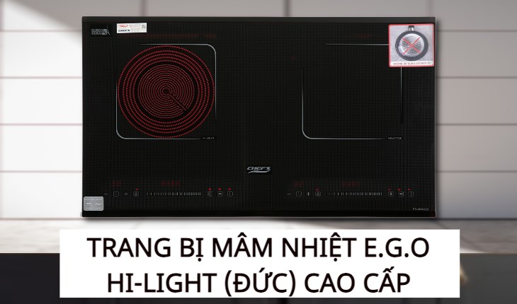 Bếp từ hồng ngoại Chef's được trang bị mâm nhiệt E.G.O Hi-Light (Đức) cao cấp, an toàn cho người sử dụng 