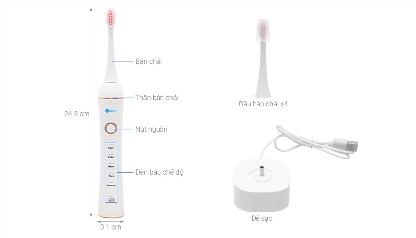 Bàn chải điện Kachi MK-309 trắng (Tặng 3 đầu bàn chải) Bàn chải điện Kachi MK-309 trắng (Tặng 3 đầu bàn chải)
