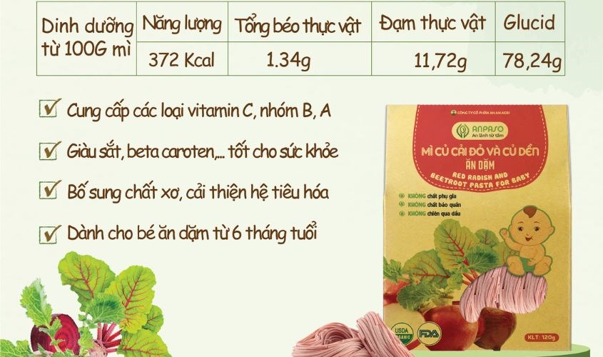 Mì ăn dặm củ cải đỏ và củ dền Organic Anpaso 120g dành cho bé từ 7 tháng